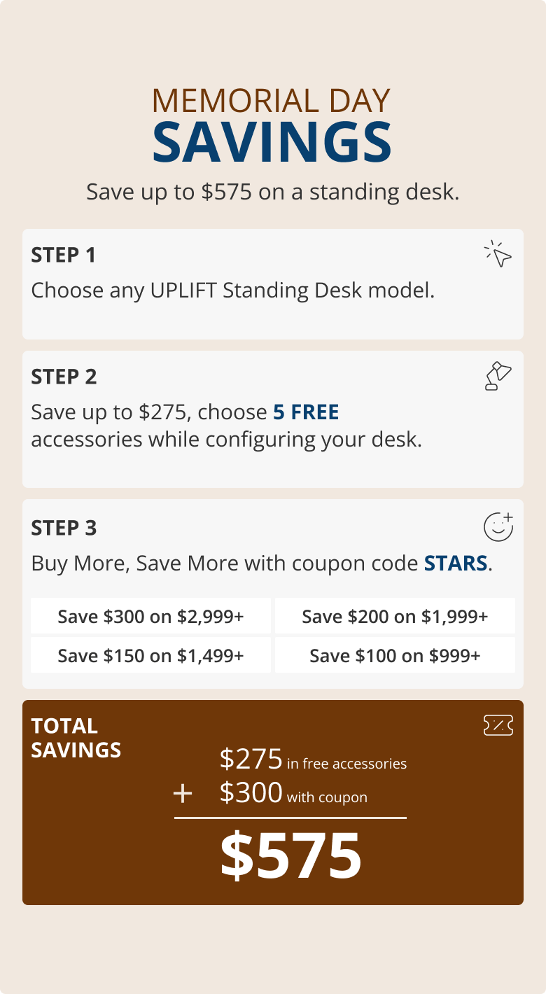 Memorial Day Savings Sale Save up to $575 on a Standing Desk