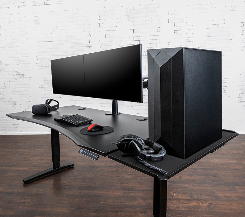 UPLIFT Gaming Desk with Black 60x30 Eco Desktop, Black V2 Frame, Zilker Dual Monitor Arm, Desk Extension, and E7 Active Mat