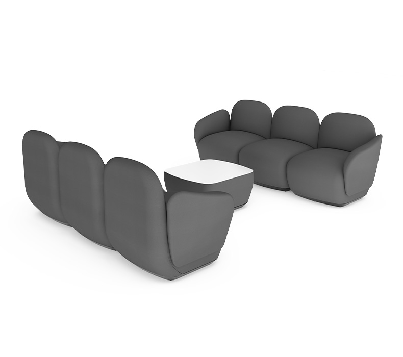 Dillo Converse Configuration showing two three-seat sofas facing each other with a table in the middle for a modular office waiting room.