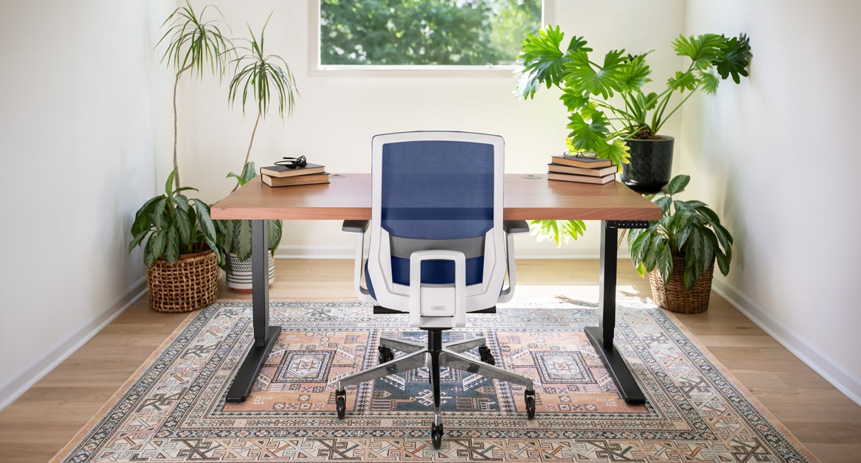 Cobalt colored Envoke with Mahogany Solid Wood UPLIFT Desk