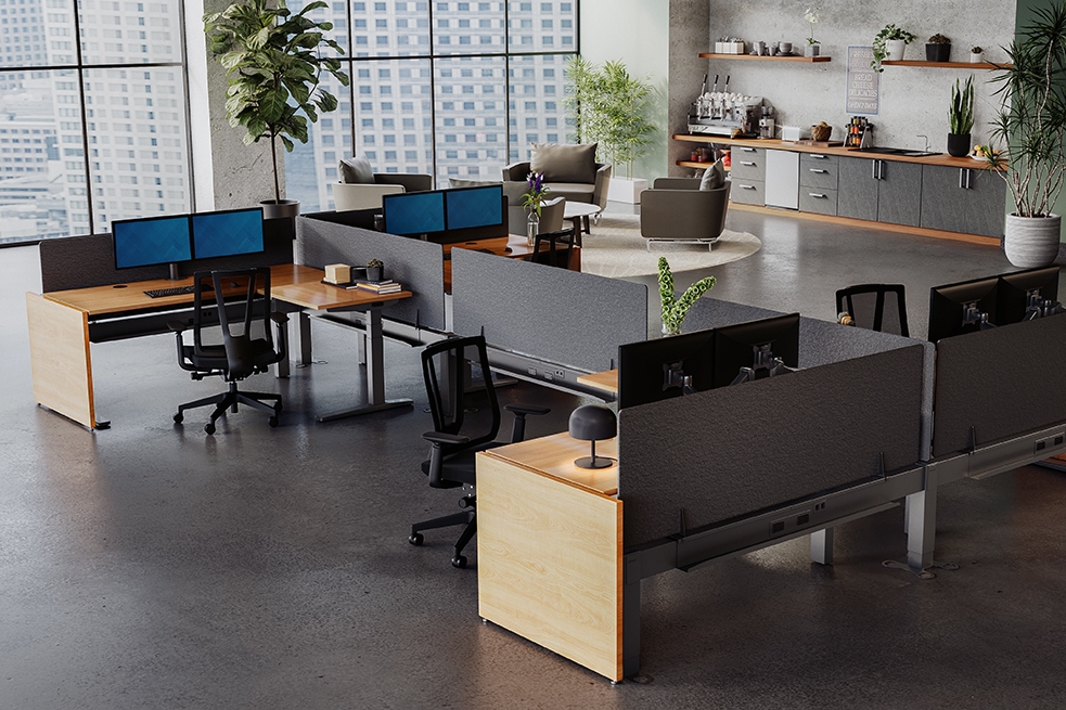 Open concept office designed by UPLIFT Desk's free space planning program with standing desks and clarksville chairs.