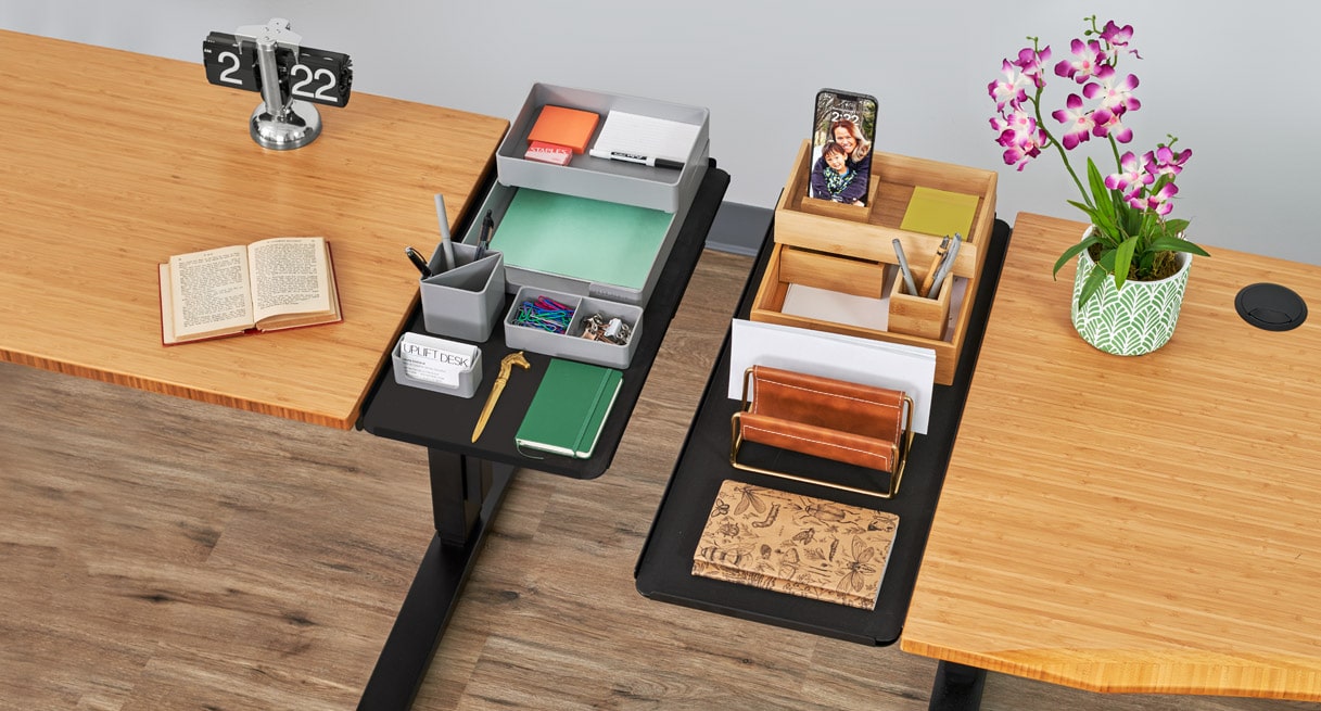 The Desk Extension shown in two sizes with desk organizer sets on top