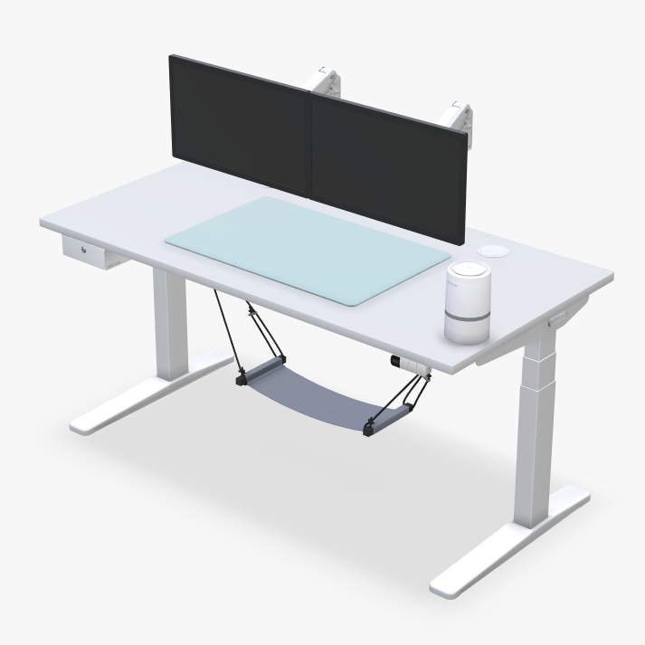 Gaming UPLIFT Standing desk with light colored accessories and clean aesthetic.