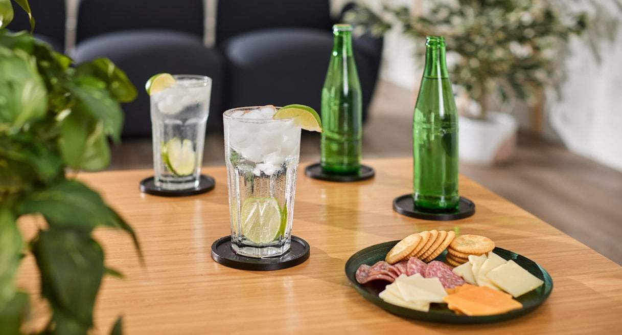 Coasters protect desks and table surfaces from condensation rings