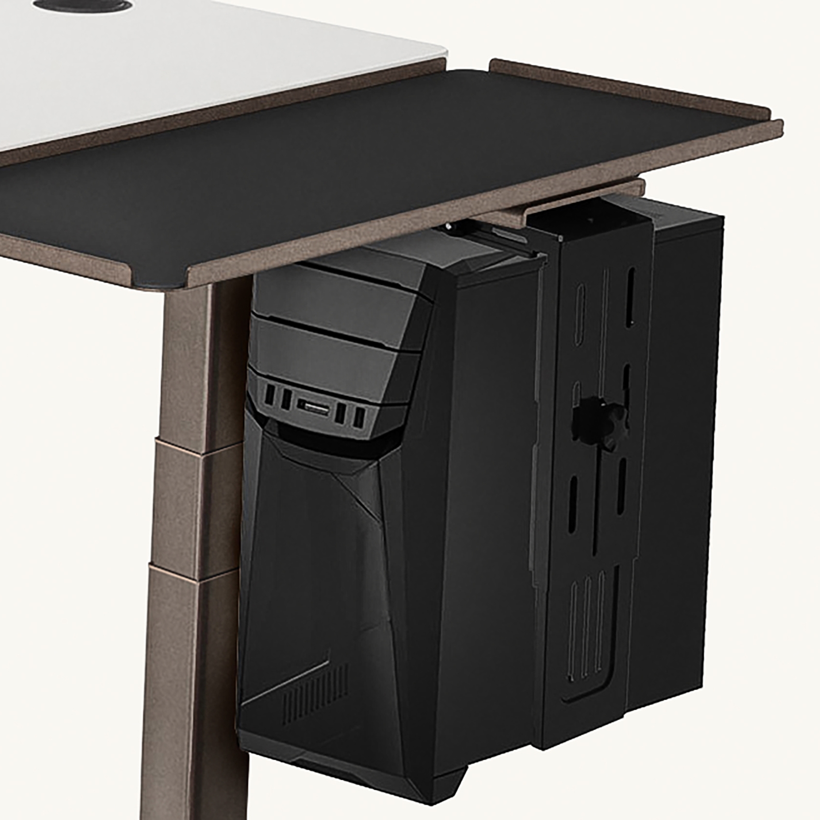 Industrial Desk Extension and CPU Holder attached to an Uplift Standing Desk.