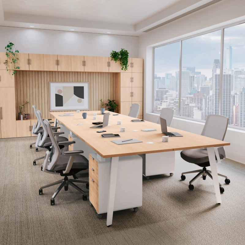6-Person Table by UPLIFT Desk in Maple Laminate with a white frame and Envoke Ergonomic Chairs in Fog