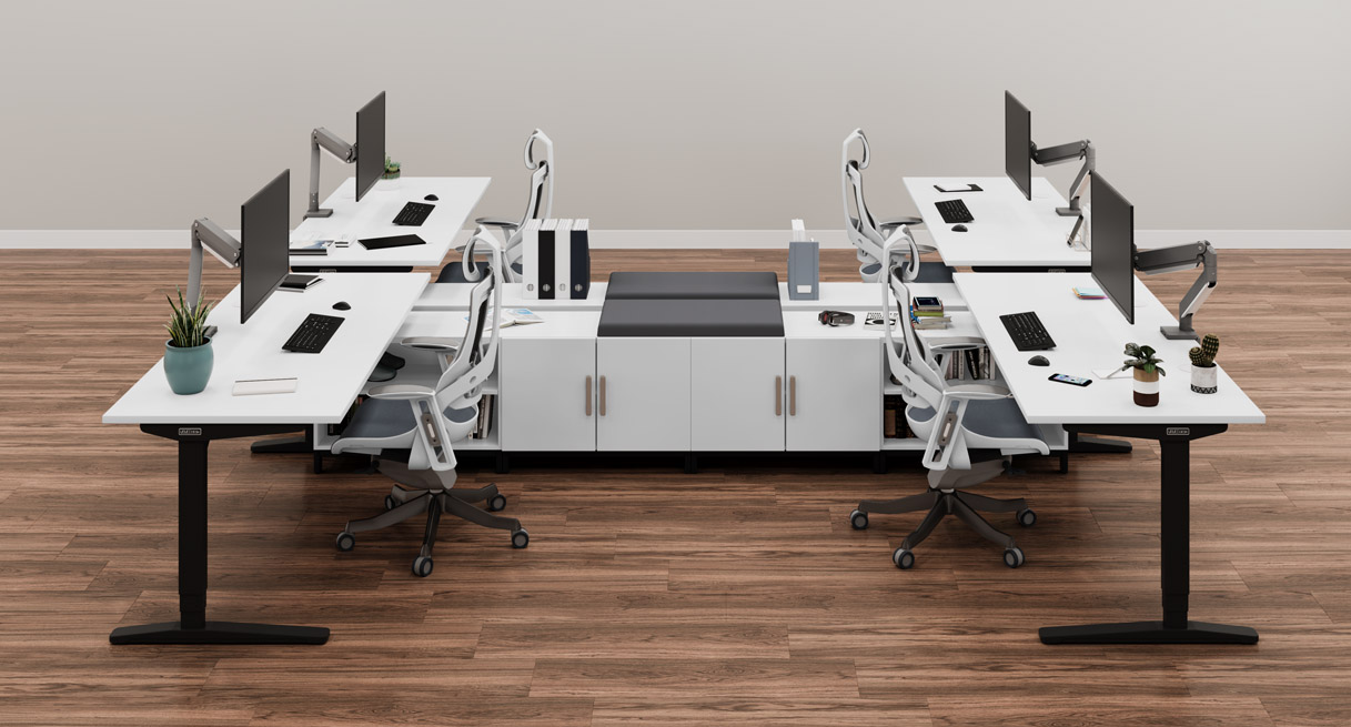 White MoPac Storage Wall with a matching white L-Shaped UPLIFT Standing Desk