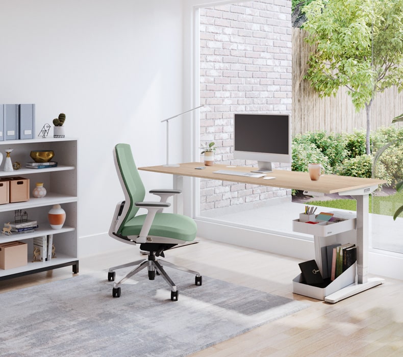 Maple laminate UPLIFT Standing Desk with Sage Envoke Ergonomic Chair