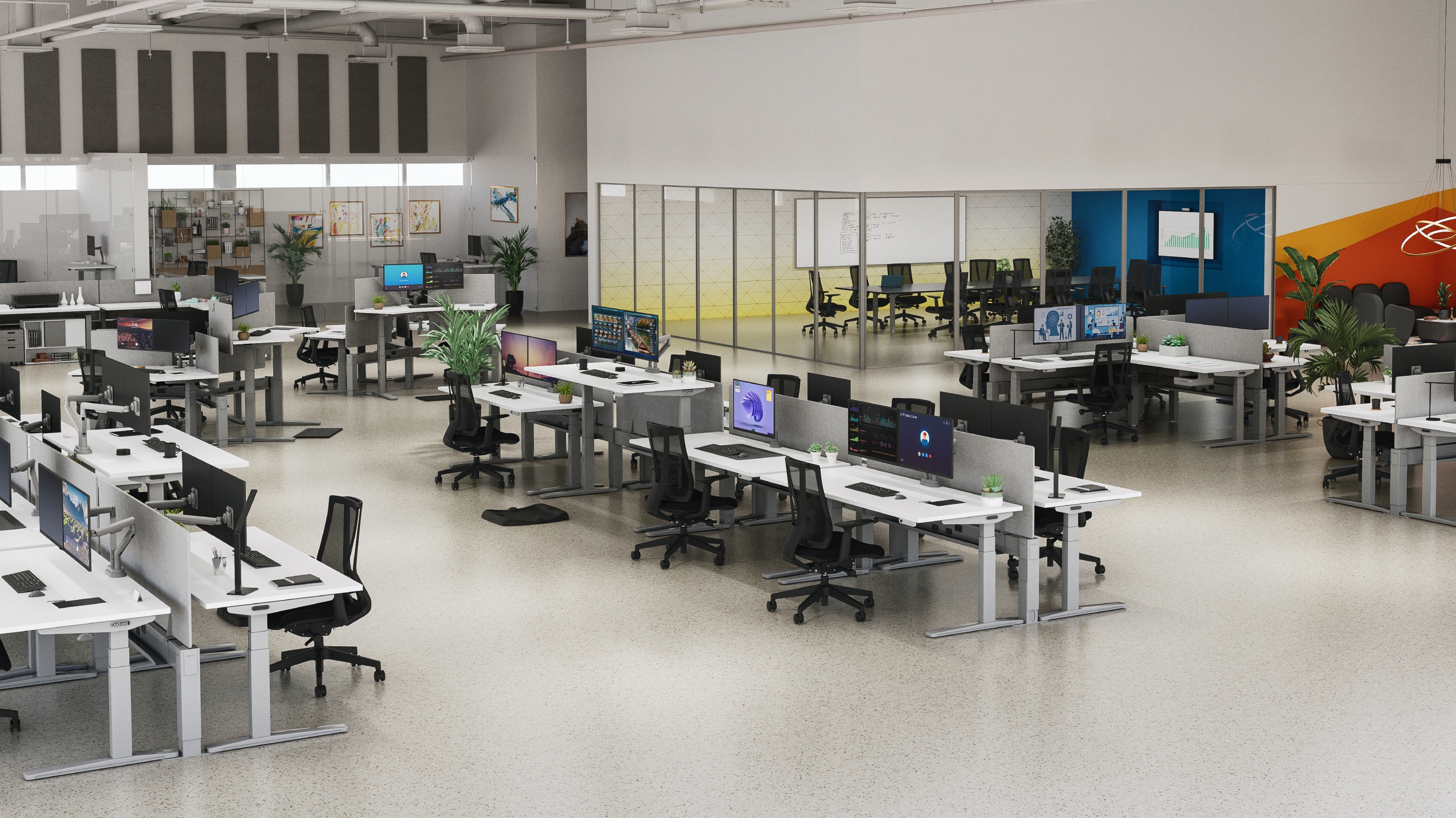 Open concept office outfitted by UPLIFT Desk with standing desks, Clarksville ergonomic chairs, and Dillo lounge seating.