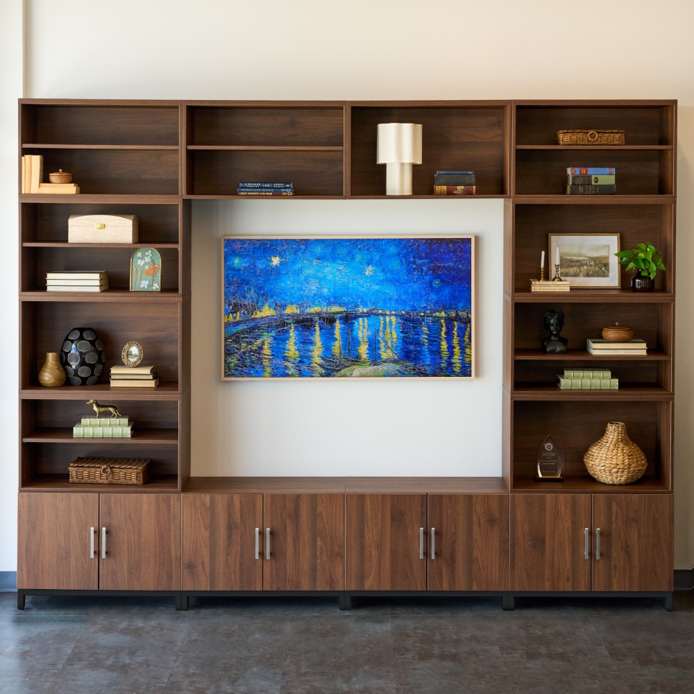 Walnut MoPac Cabinets in a large configuration along a wall