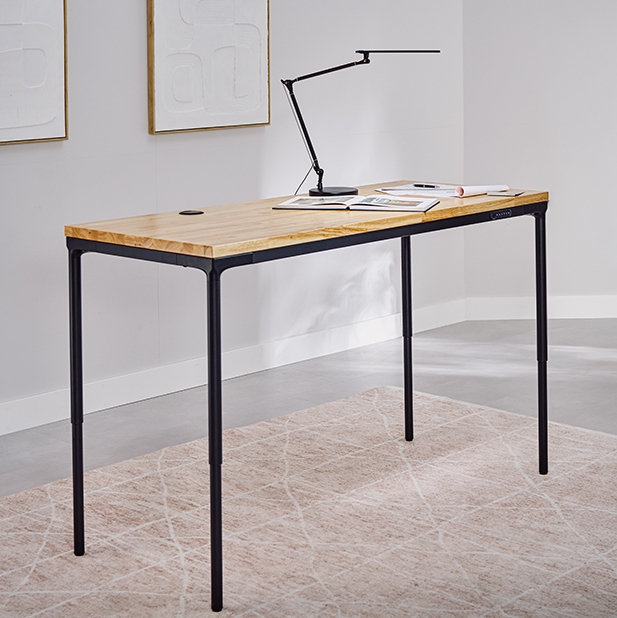 Parsons standing desk with a birch butcher block desktop and black frame