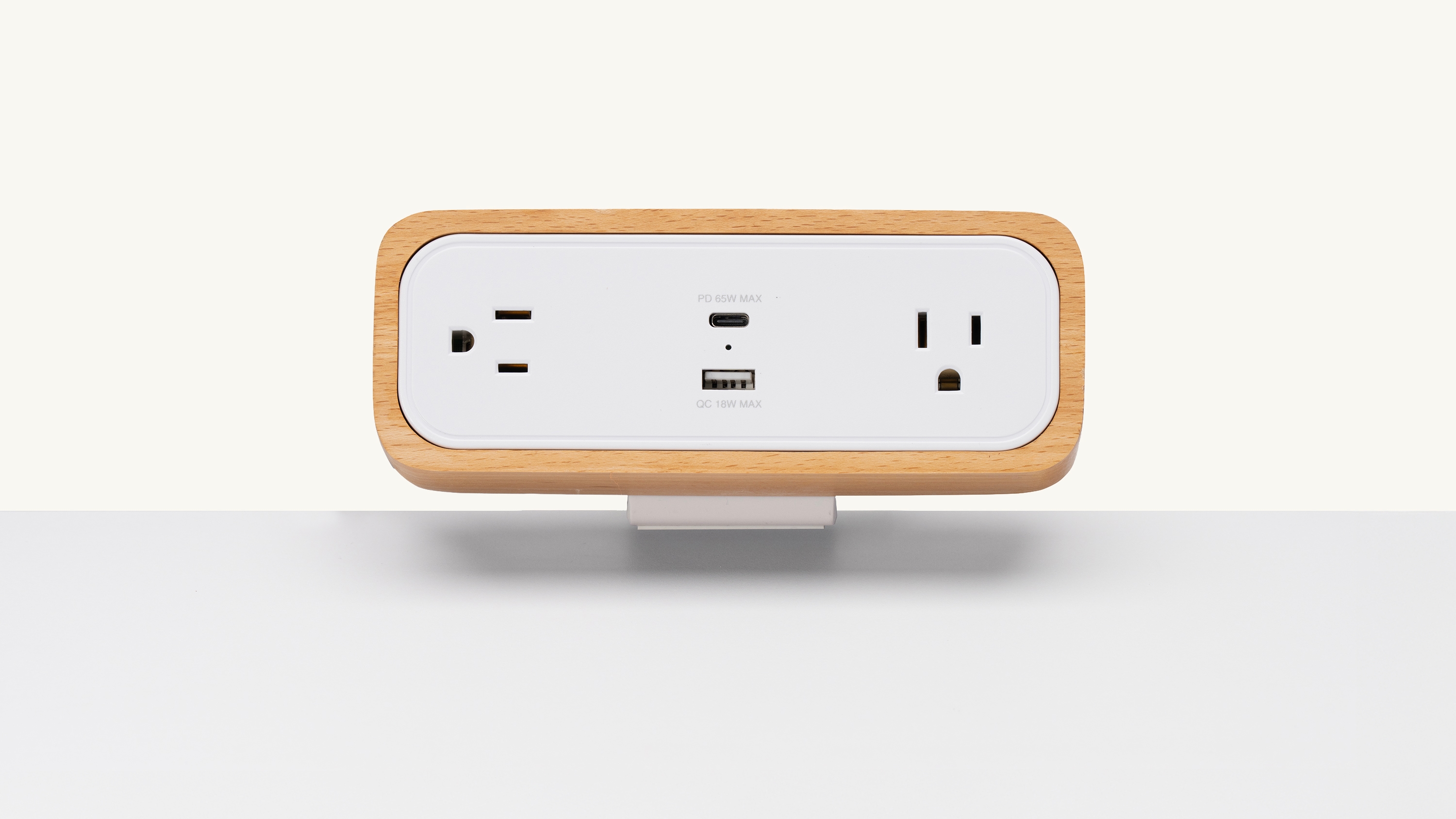 White DuoMount Power Strip with Beech Wood accent.