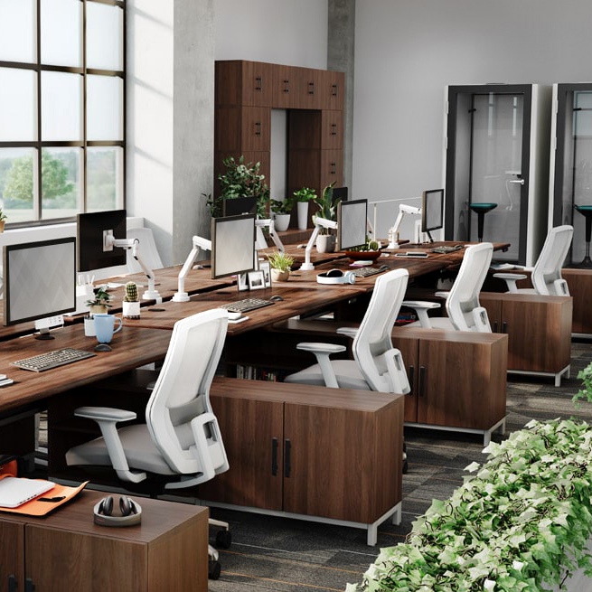 Quantity Discounts Office Layout with Standing Desks and credenzas and ergonomic chairs