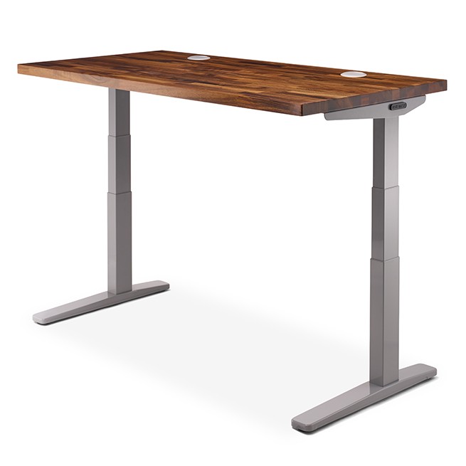 Uplift 2-leg standing desk in gray with a saman solid wood desktop.