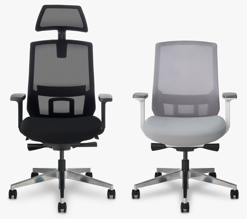 A headrest and non-headrest version of the Envoke chair side by side for comparison