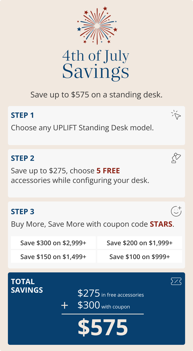 4th of July Savings Save up to $575 on a Standing Desk