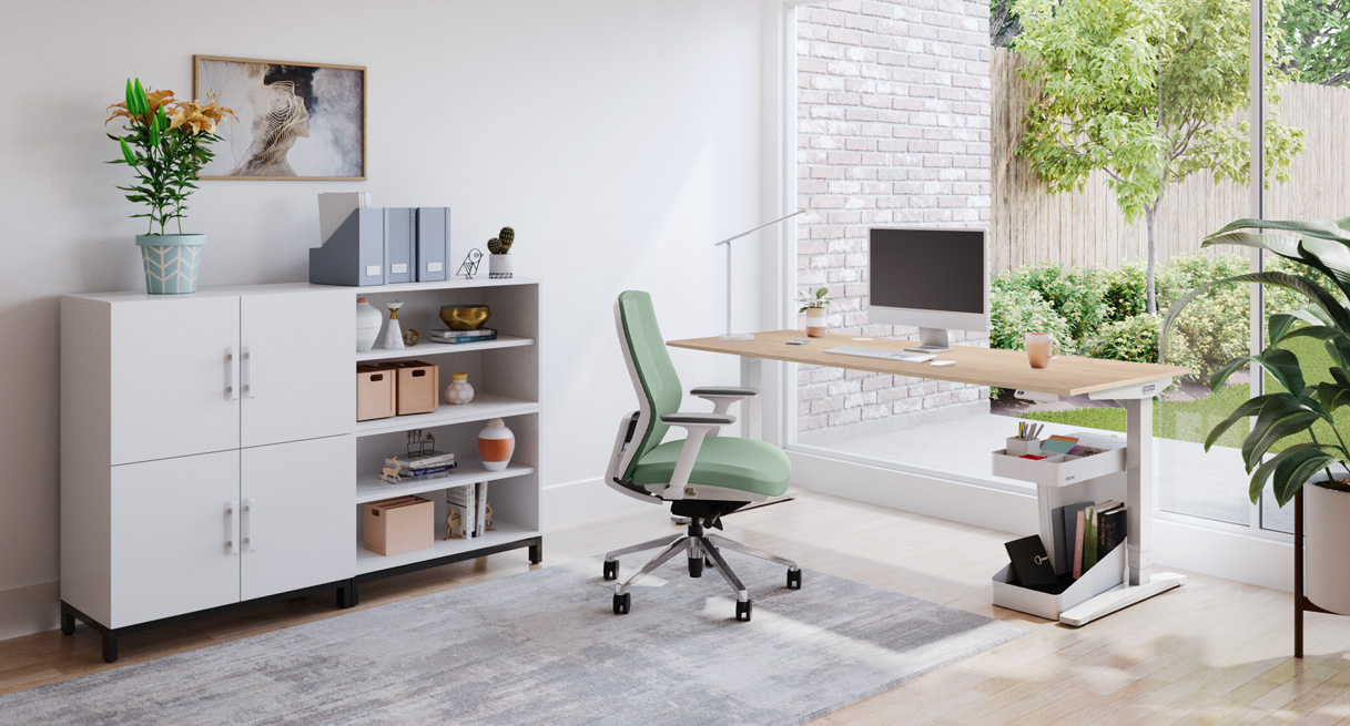 72" x 30" Maple Laminate UPLIFT Standing Desk with Sage colored Envoke Chair
