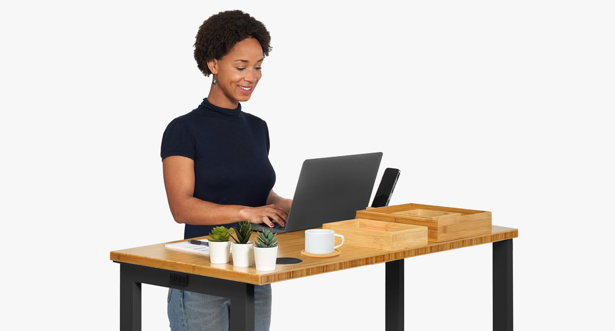 Durable bamboo office furniture including height adjustable desks, drawers, and desk organizers