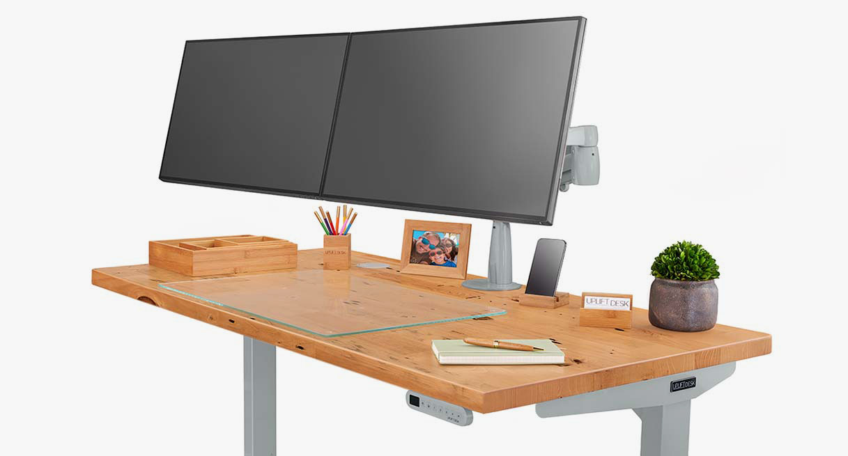 A Glass Desk Blotter protecting a 60" x 30" Reclaimed Fir Butcher Block Solid Wood Desktop