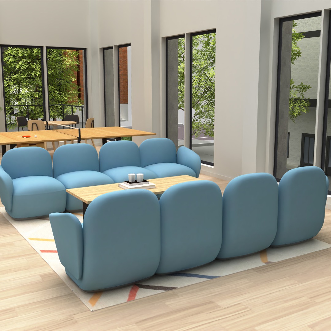 Lounge area by UPLIFT Desk with Dillo lounge chairs and height adjustable conference table, ping pong size in the background