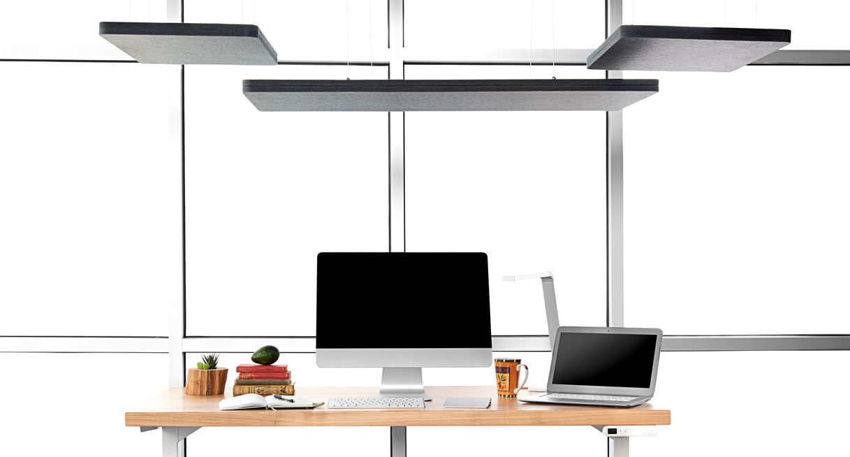 Dark gray Rectangular Acoustic Ceiling Clouds over a standing desk