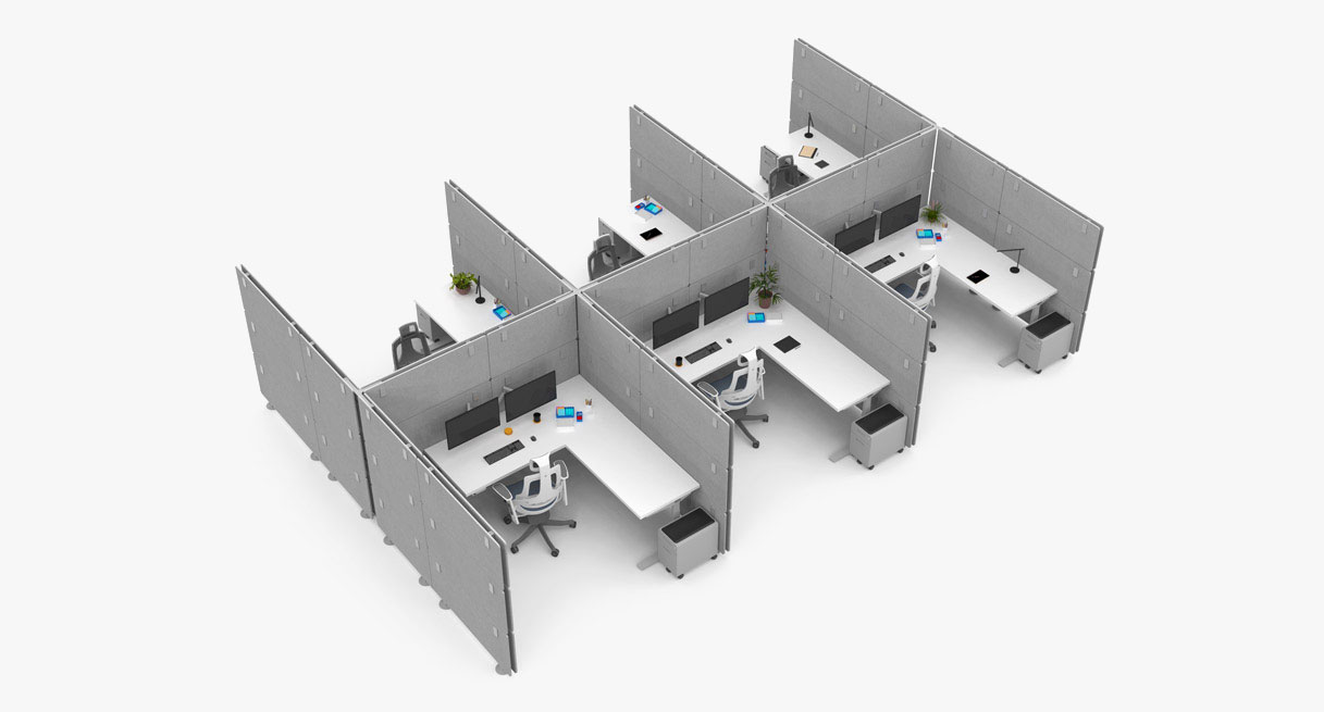OneWall Cubicle Acoustic Office Partitions set up with six workstations