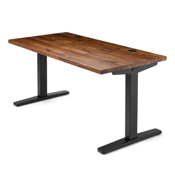 UPLIFT Desk Seated Height 2-Leg Table with a black frame and walnut butcher block desktop