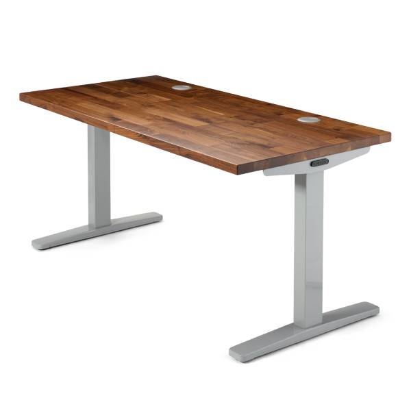 UPLIFT Desk Seated Height 2-Leg Table with a gray frame and walnut butcher block desktop