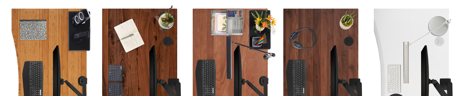 UPLIFT Desk desktops shown in various finishes and styles with ergonomic desk accessories