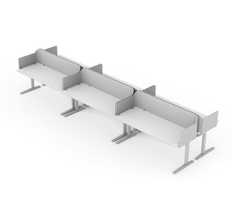 A Dual Sided Row of 60" x 30" White Laminate UPLIFT Standing Desks with light gray desk-mounted acoustic panels with corner inserts