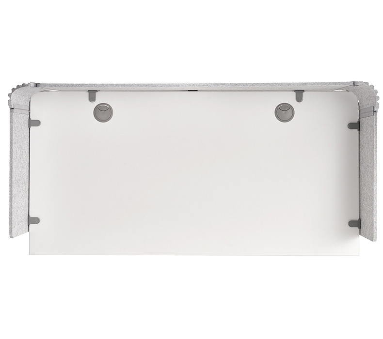 An aerial view of a 60" x 30" White Laminate UPLIFT Standing Desk with light gray desk-mounted acoustic panels with corner inserts