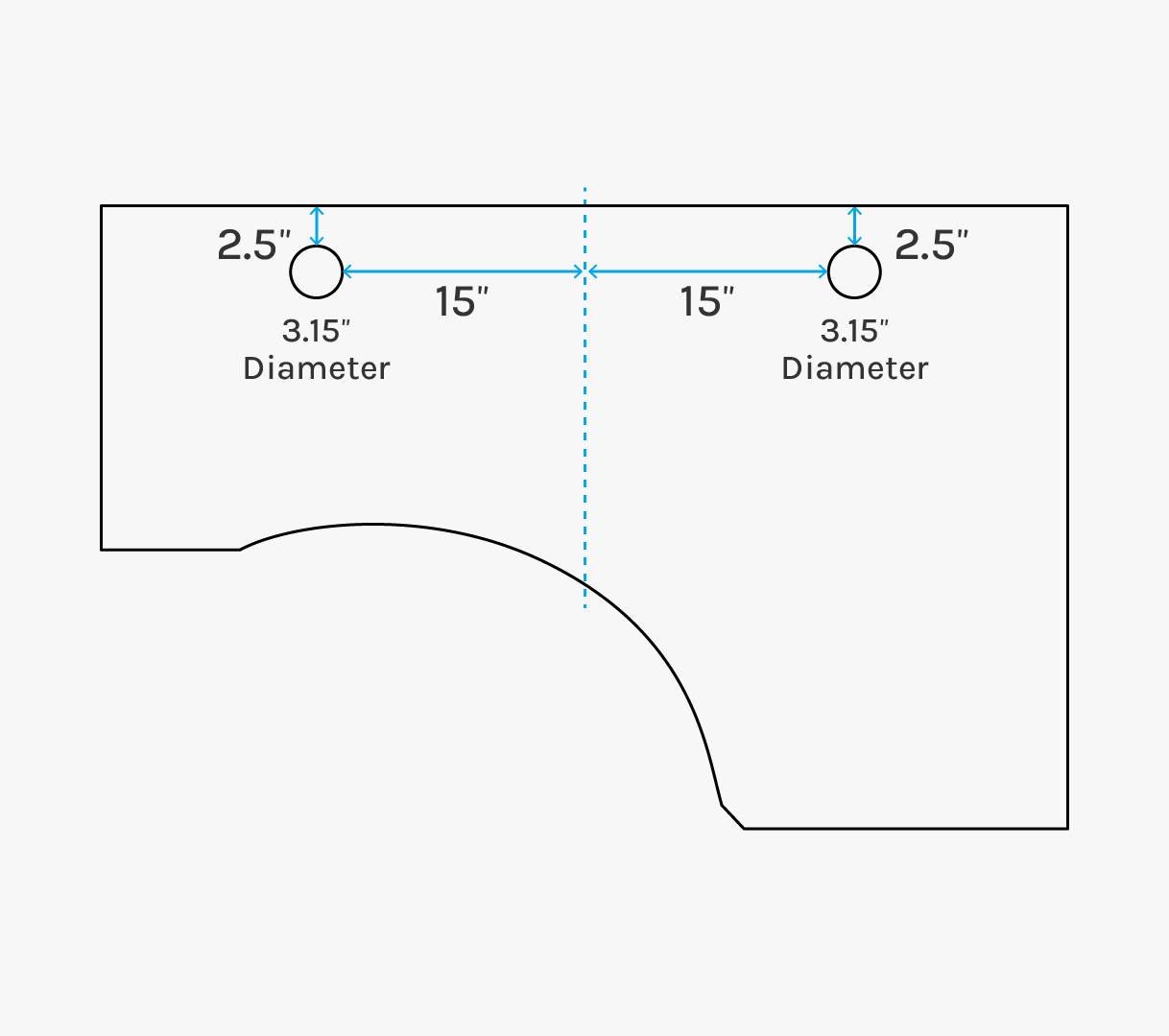 An infographic with curved corner desktop grommet hole dimensions