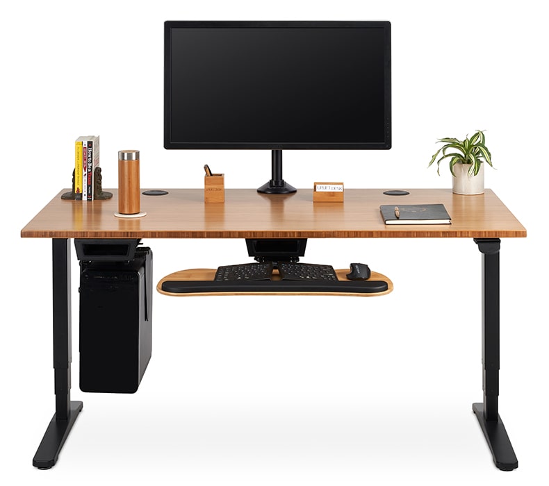 Moontower monitor arm clamped to a 60" x 30" Bamboo Standing Desk