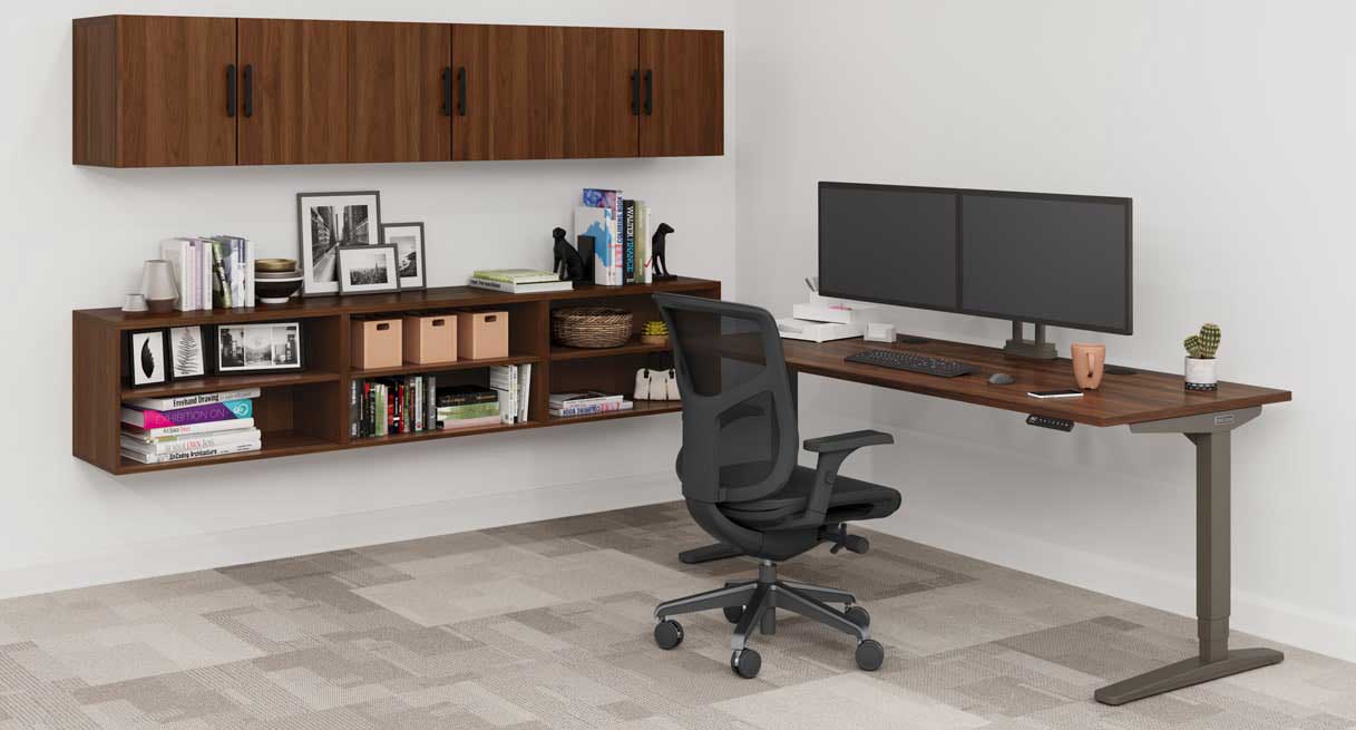 A MoPac home storage setup in a home office with cabinets and open shelves