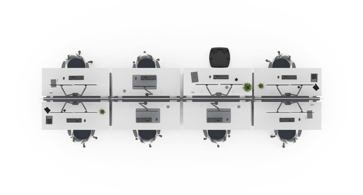 Looking down at eight desks arranged in the dual sided row configuration