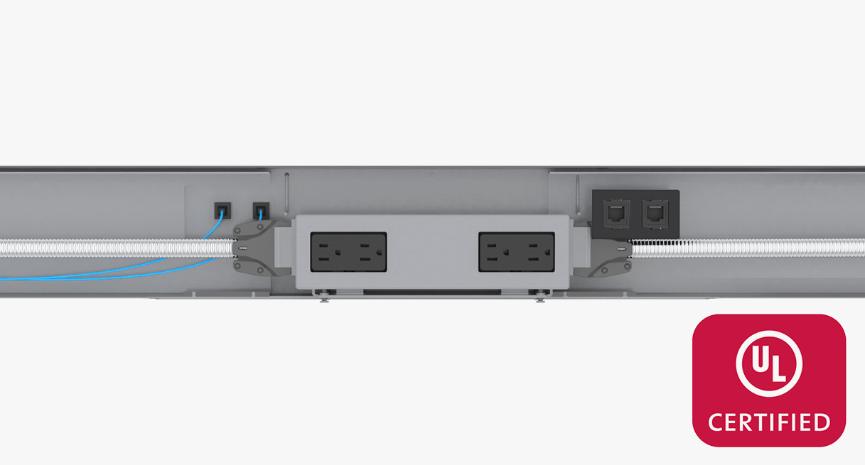 UL certified power outlets and data ports on the power and data rail