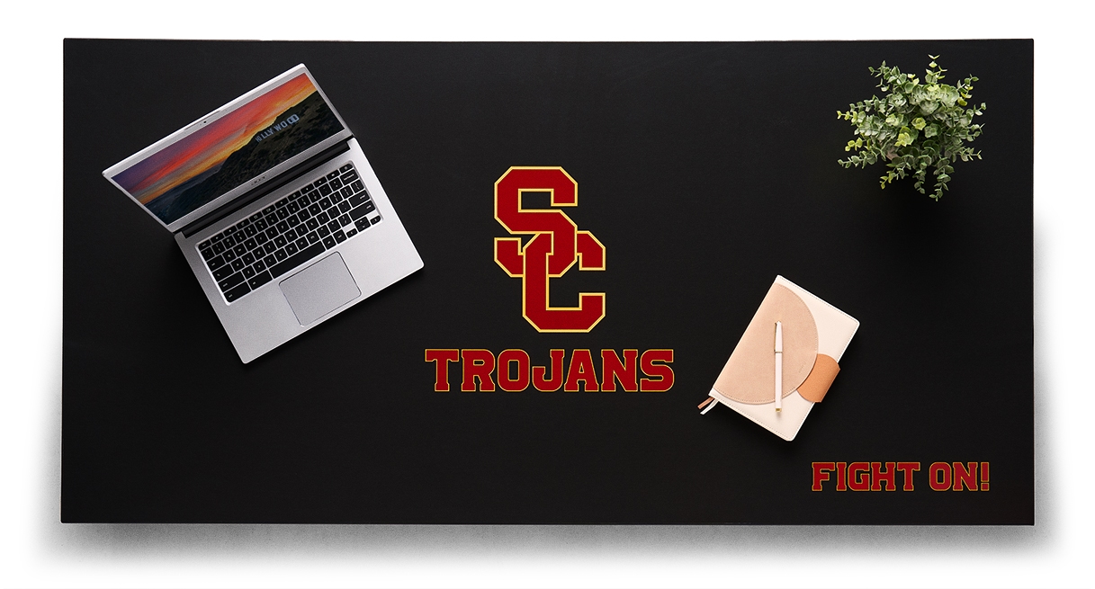 Black University of Southern California desktop with minimal desk accessories.