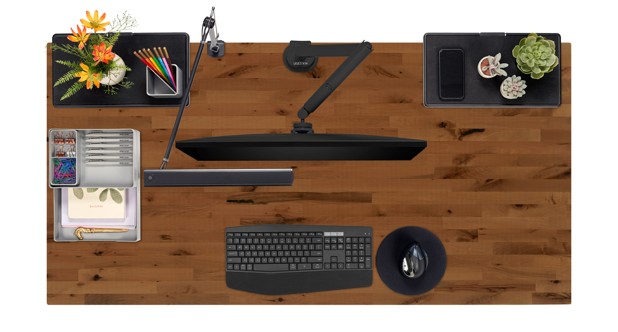 Reclaimed birch desktop with black desk accessories.