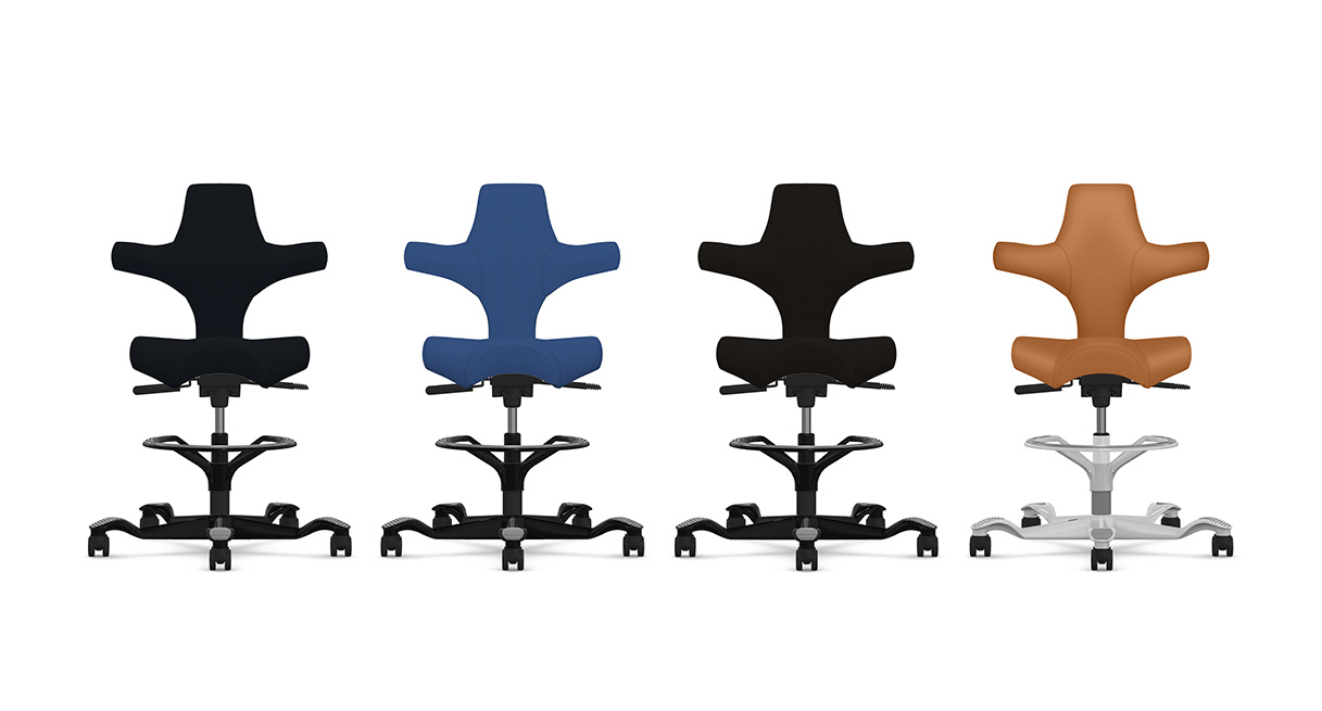 Capisco Chair by HÅG 8106 Saddle Seat with footring in Era fabric Jet or Forward, Era Fabric Cobalt or Maturity, Canter vinyl Onyx, and Canter vinyl Chestnut