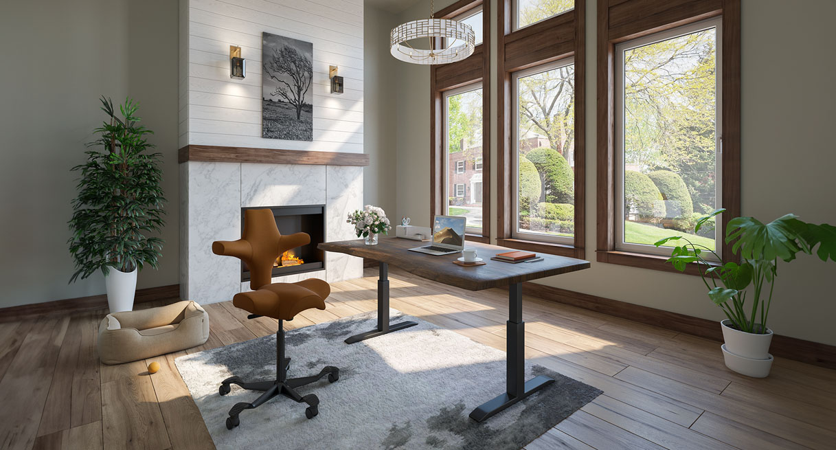 A living room with a standing desk and an ergonomic HAG Capisco Chair
