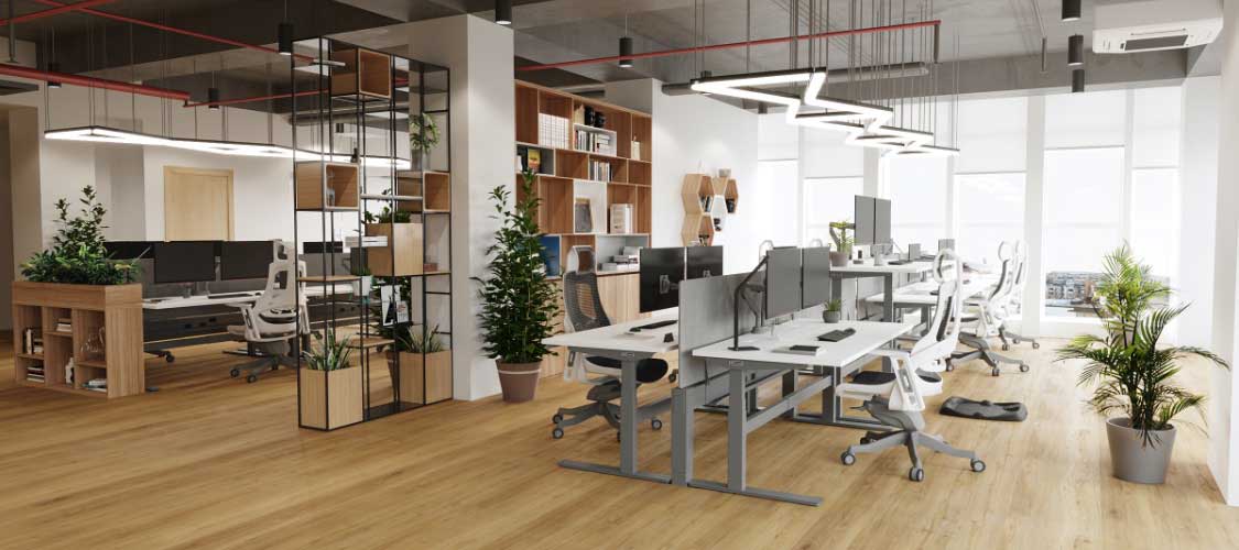 Aesthetically pleasing office space with standing desks, promoting productivity and health