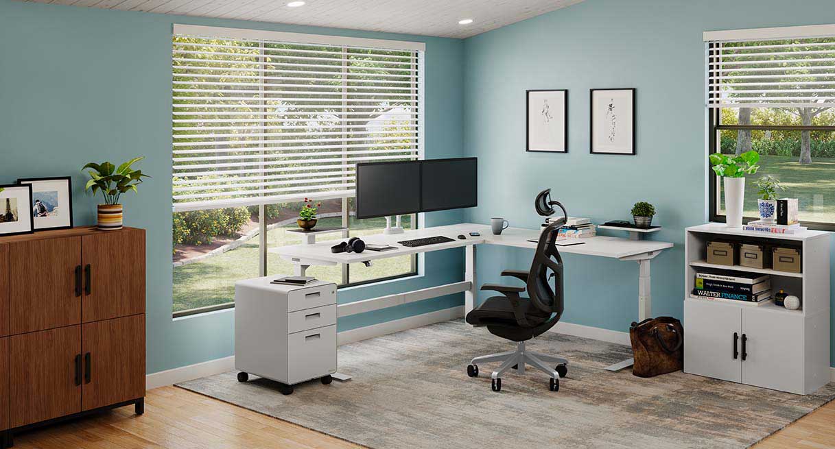 A peaceful and eloquent home office with a height adjustable standing desk