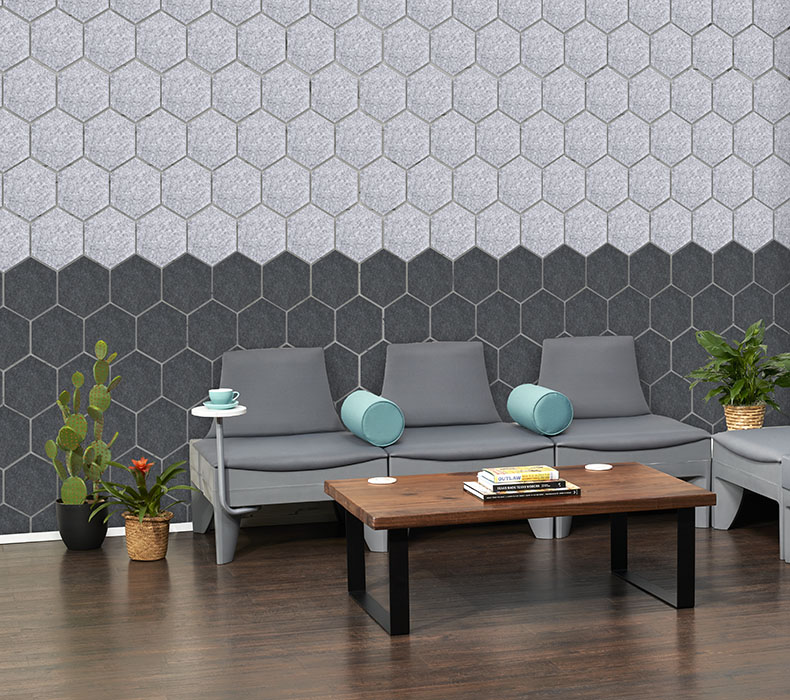 Soco Lounge Collection with 42" Walnut and Coffee Table and Hive Acoustic Panels