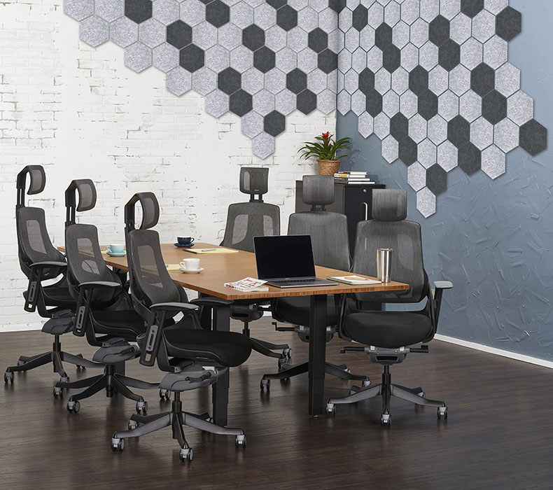 108" x 42" Bamboo Height Adjustable Conference Table with Pursuit Ergonomic Chairs and Hive Acoustic Panels