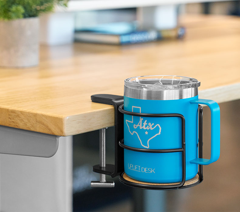 Closeup of an UPLIFT Insulated Mug in a Clamp-On Cup Holder