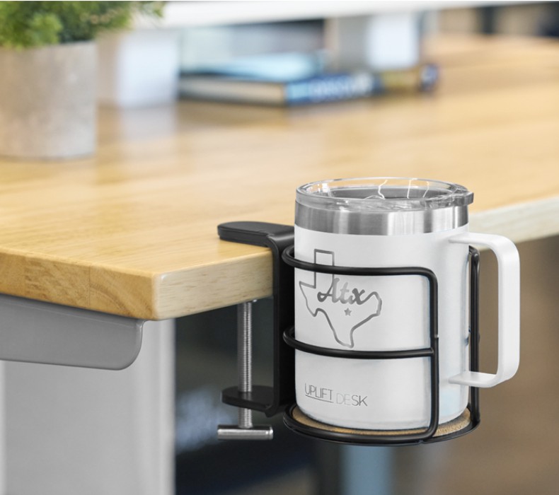 Closeup of an UPLIFT Insulated Mug in a Clamp-On Cup Holder