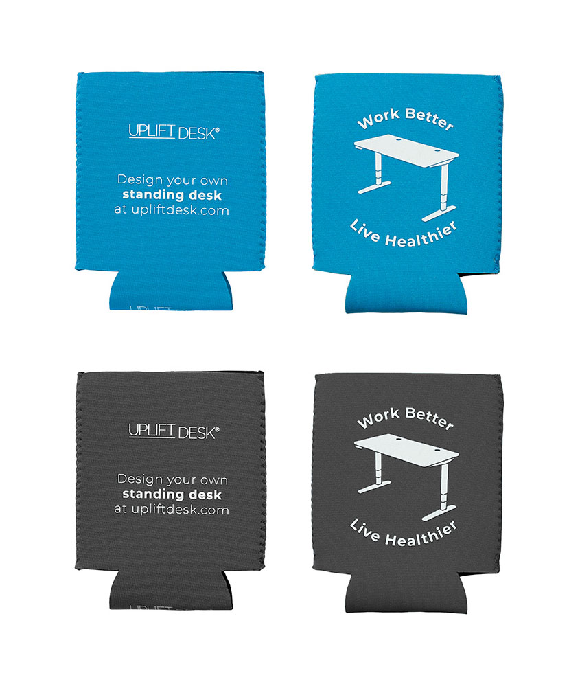 Blue and dark gray UPLIFT Desk koozies