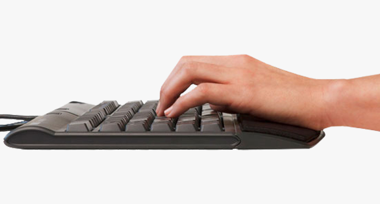 Side profile view of hands using a Kinesis Freestyle2 Ergonomic Keyboard