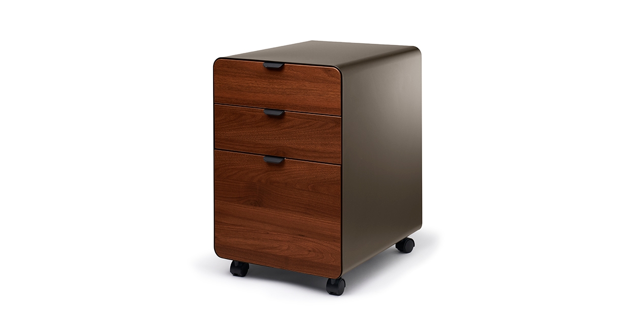 Industrial file cabinet with walnut laminate drawer front