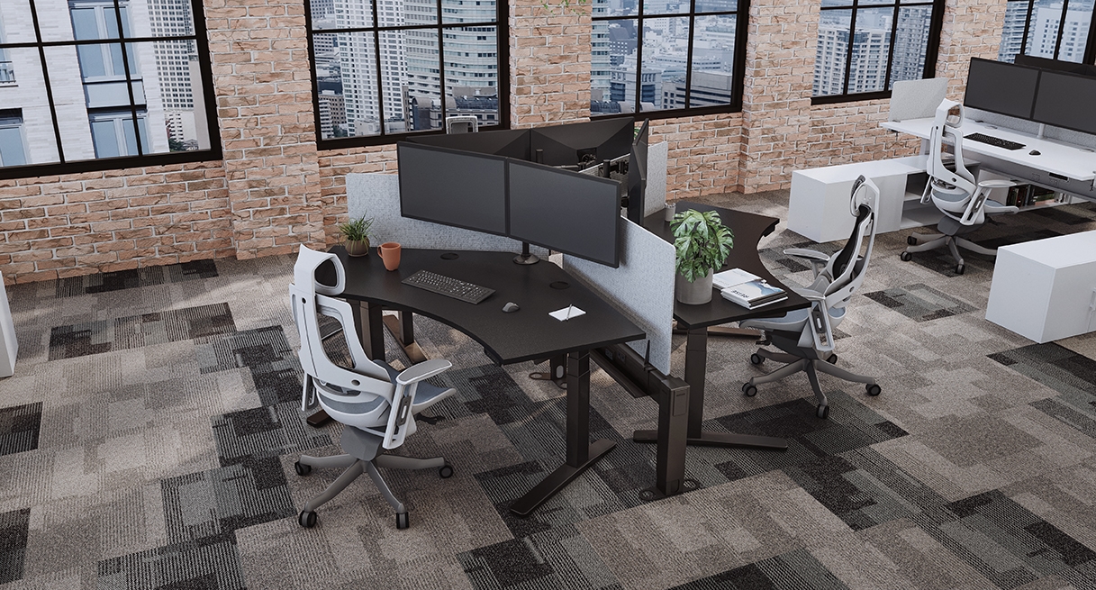 Three 120-Degree desks configured back-to-back, creating a shared workstation with privacy partitions
